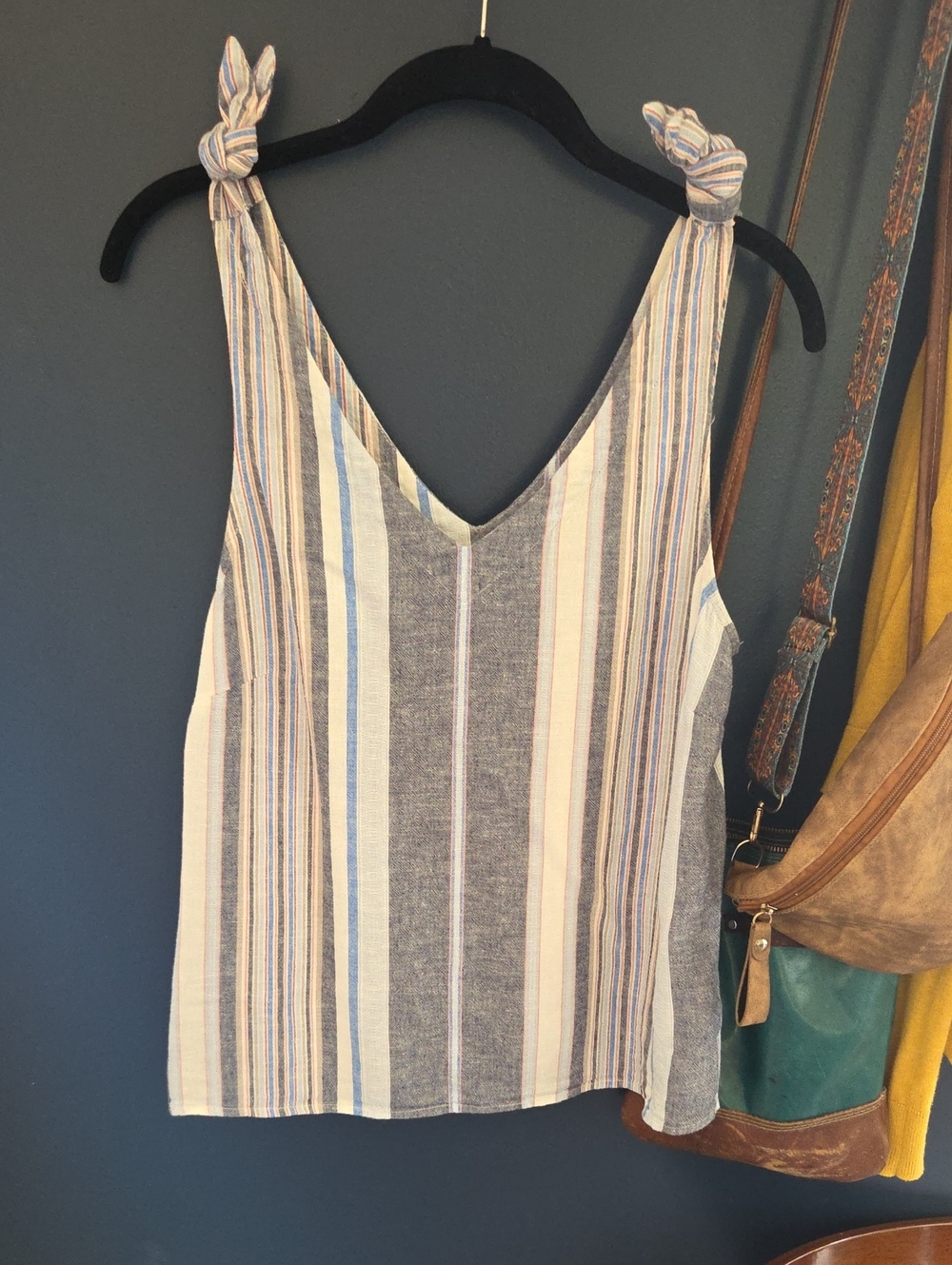 Striped Tie-Shoulder V-Neck Tank Top - Blue and Cream